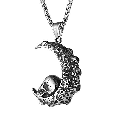 HZMAN Mens Women Gothic Retro Moon Crescent Skull Stainless Steel Pendant Necklace 22+2 Inch Chain - Image 4