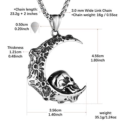 HZMAN Mens Women Gothic Retro Moon Crescent Skull Stainless Steel Pendant Necklace 22+2 Inch Chain - Image 2