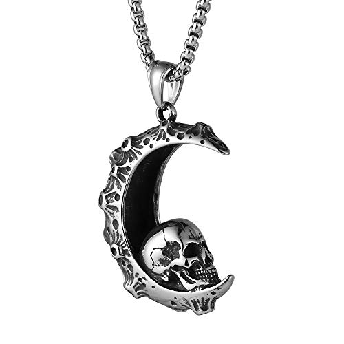 HZMAN Mens Women Gothic Retro Moon Crescent Skull Stainless Steel Pendant Necklace 22+2 Inch Chain - Image 3