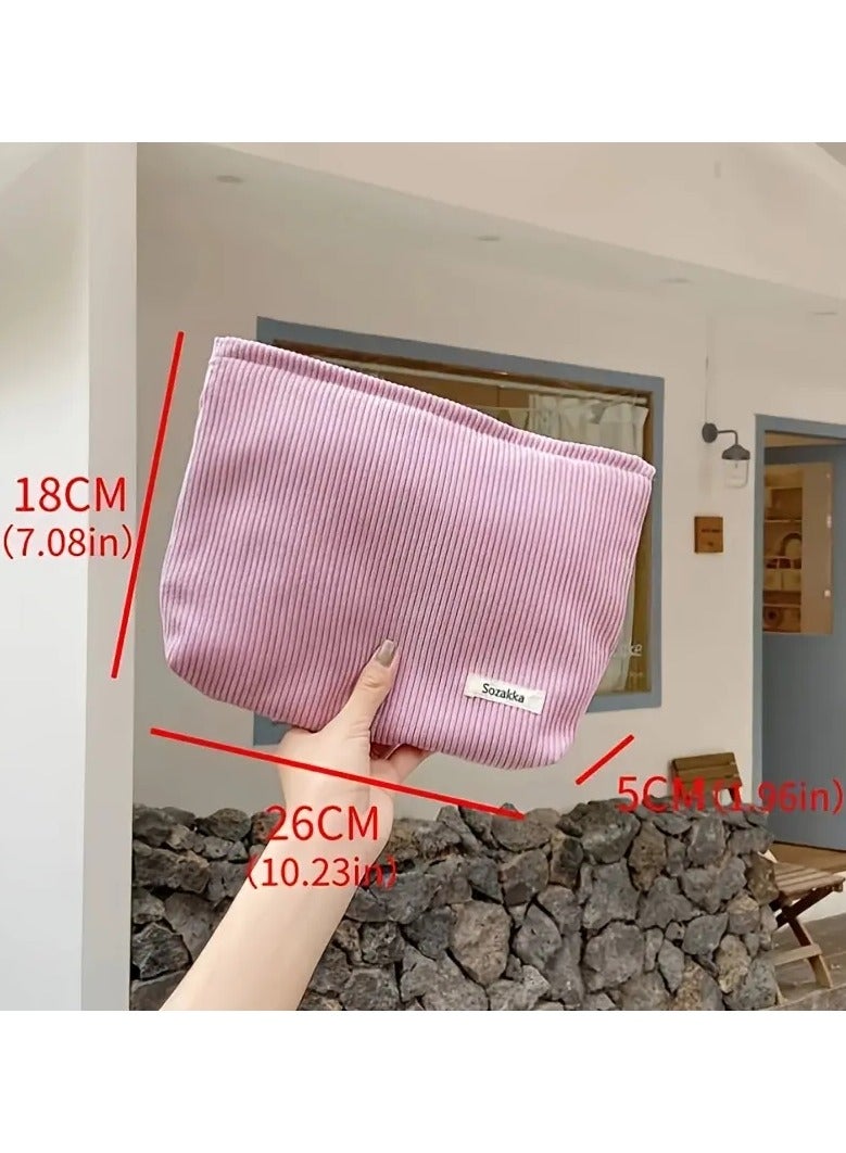 ORiTi حقيبة مكياج سفر أنيقة وواسعة من قماش الكوردuroy بسحاب - مثالية لأساسيات الجمال - وردي - Image 2