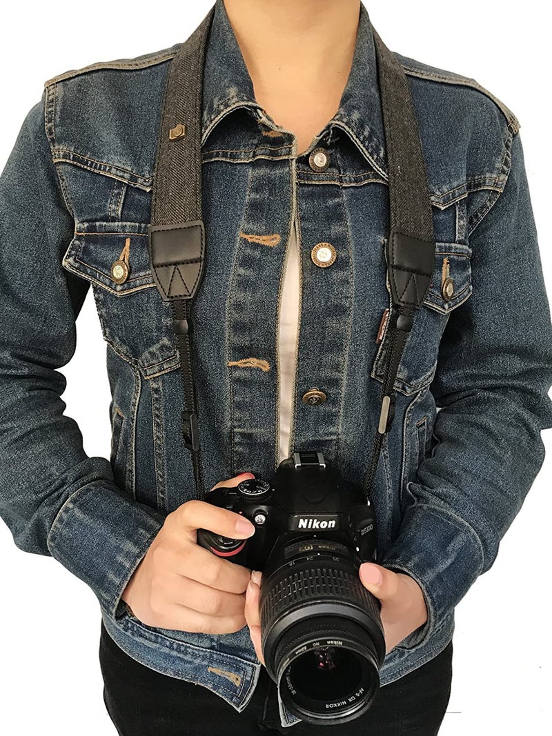 Careflection Universal DSLR Adjustable Camera Dual - Tone Strap Sling belt Digital Binoculars Shoulder Neck Universal Quality Rapid quick Adjustable Comfortable Antislip Cotton Leather finish Hooks Safety cross body women men (Carbon Black) - Image 5