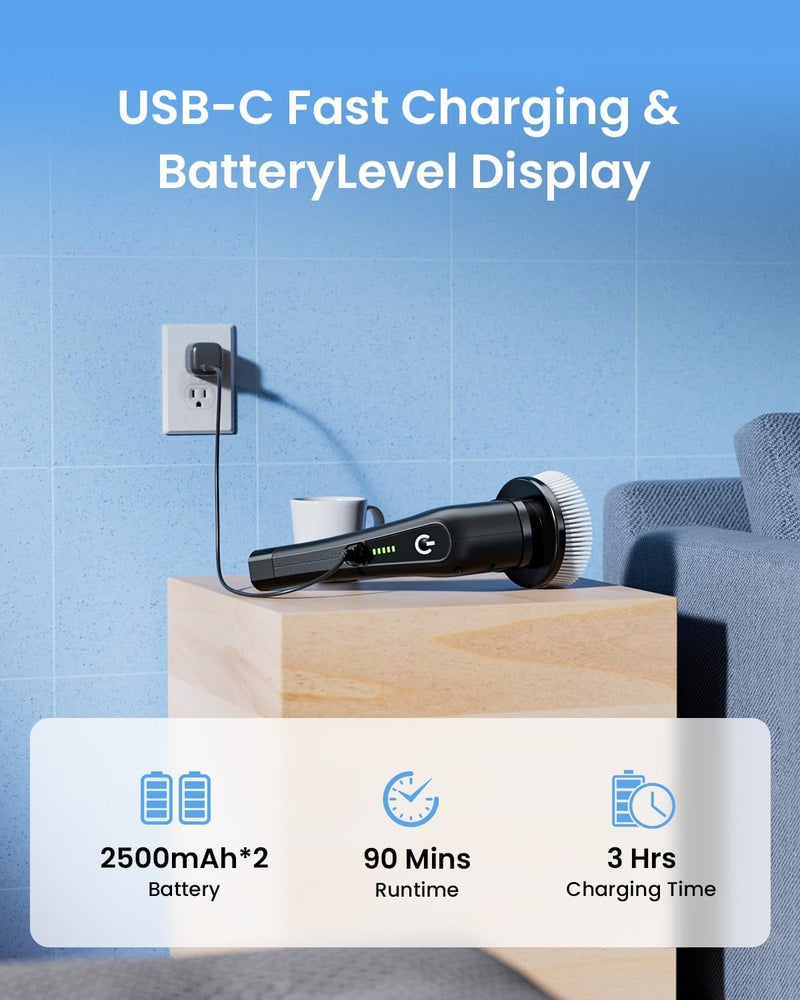 Leebein Electric Spin Scrubber, 2026 New Cordless Cleaning Brush Bathroom Scrubber, IPX7 Waterproof Shower Scrubber with 7 Brush Heads, Extendable Long Handle and 2 Speeds Scrubber for Bathtub Floor - Image 5