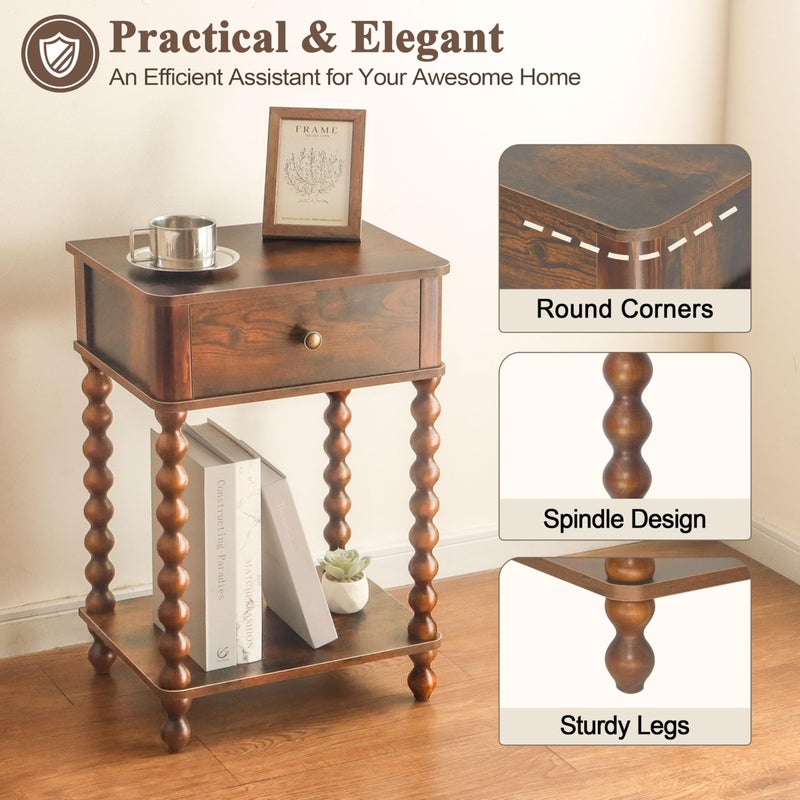 AWASEN Nightstand, Mid Century Modern Night Stand with Drawer for Living Room, Modern Bedside End Table with Spindle Wood Legs for Bedroom, Office, Rustic Brown - Image 4