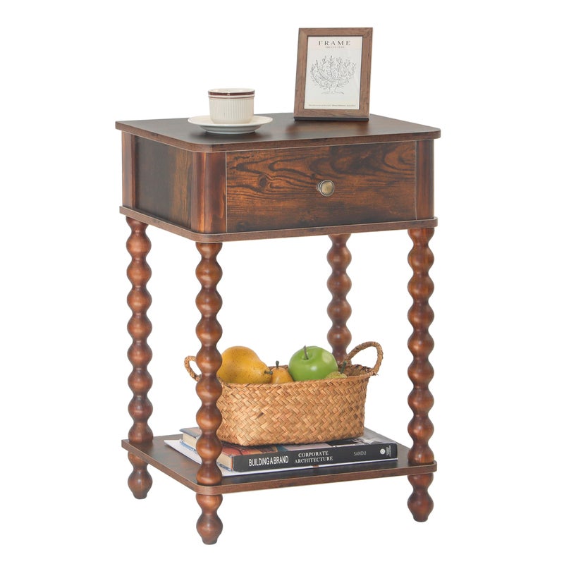 AWASEN Nightstand, Mid Century Modern Night Stand with Drawer for Living Room, Modern Bedside End Table with Spindle Wood Legs for Bedroom, Office, Rustic Brown - Image 1