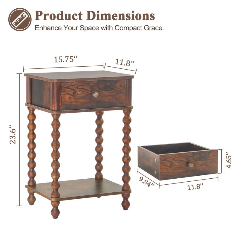 AWASEN Nightstand, Mid Century Modern Night Stand with Drawer for Living Room, Modern Bedside End Table with Spindle Wood Legs for Bedroom, Office, Rustic Brown - Image 3