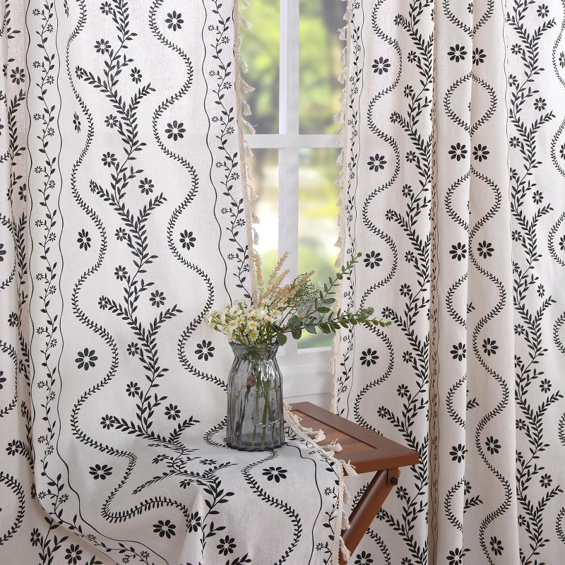 Schweek Boho Floral Curtains for Living Room, Linen Farmhouse Sheer Curtains 63 Inches Long, Vintage Printed Patterned Rustic Curtains Drapes for Dining Room, Black on Ivory - Image 1