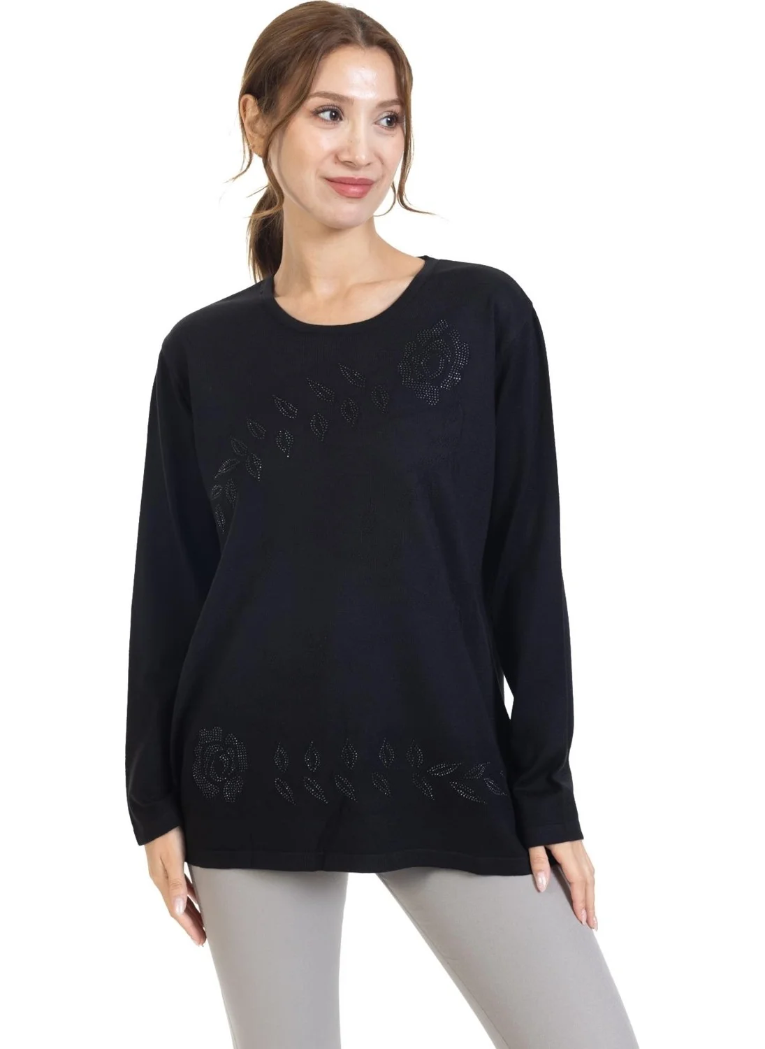 Mutlu City Women Middle Age and Above Flower Pattern Stone Embroidered Knitwear Knit Lycra Mother Blouse Sweater 23914