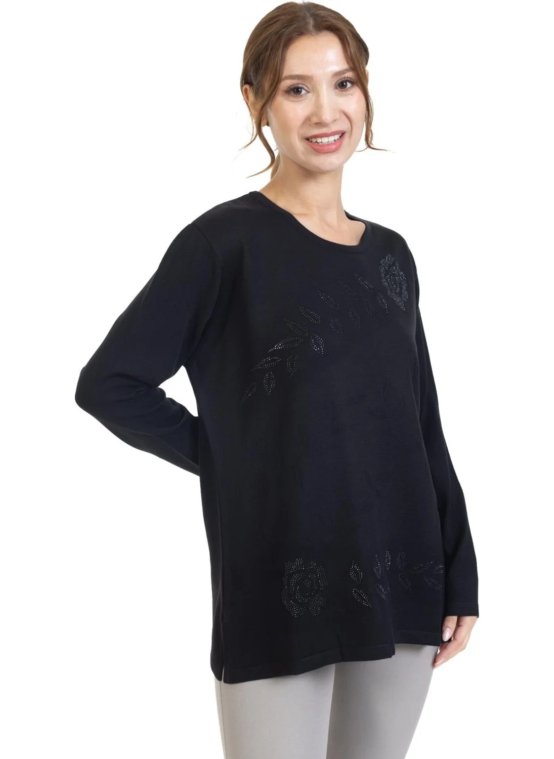 Mutlu City Women Middle Age and Above Flower Pattern Stone Embroidered Knitwear Knit Lycra Mother Blouse Sweater 23914
