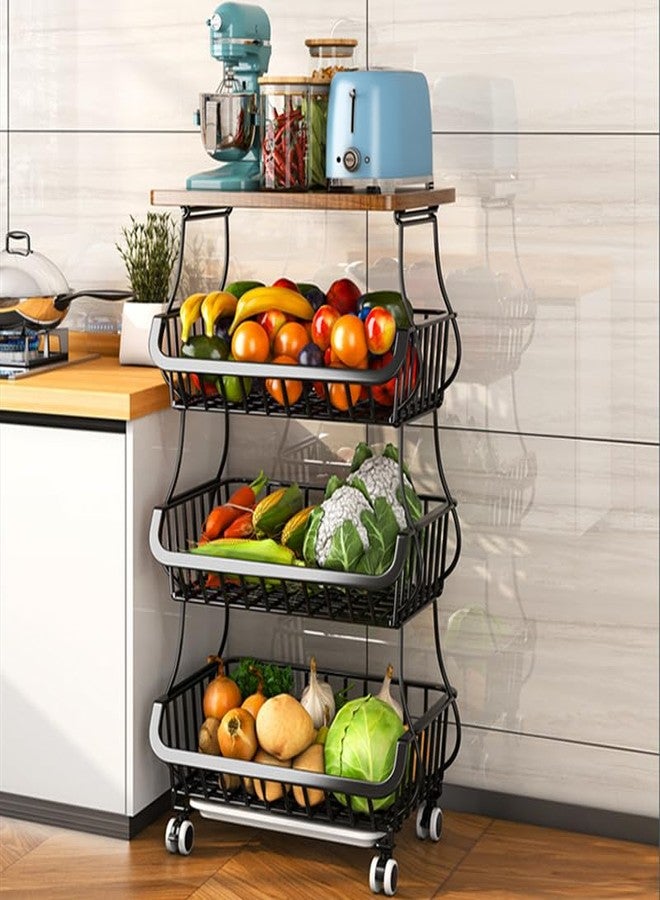 ISWEES Fruit Vegetable Basket for Kitchen, 4 Tier Stackable Fruit Vegetable Storage Baskets with Lockable Wheels, Metal Wire Storage Basket Organizer Baskets for Kitchen, Pantry, Bathroom - Image 1