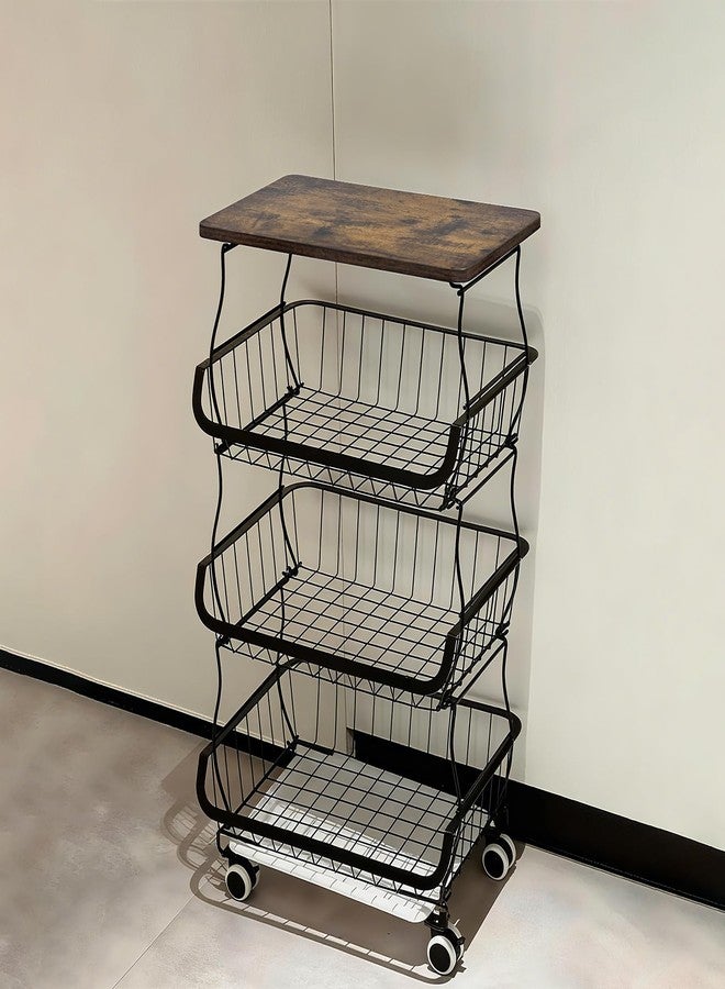 ISWEES Fruit Vegetable Basket for Kitchen, 4 Tier Stackable Fruit Vegetable Storage Baskets with Lockable Wheels, Metal Wire Storage Basket Organizer Baskets for Kitchen, Pantry, Bathroom - Image 2