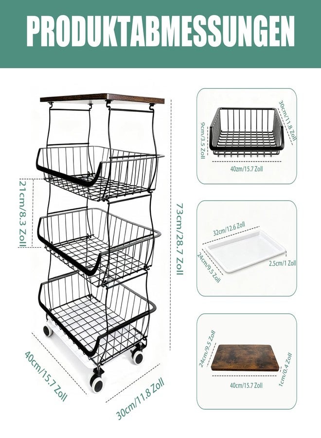 ISWEES Fruit Vegetable Basket for Kitchen, 4 Tier Stackable Fruit Vegetable Storage Baskets with Lockable Wheels, Metal Wire Storage Basket Organizer Baskets for Kitchen, Pantry, Bathroom - Image 3