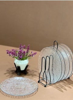 Generic Set of 6 luxurious and elegant glass dessert plates with a black metal stand 