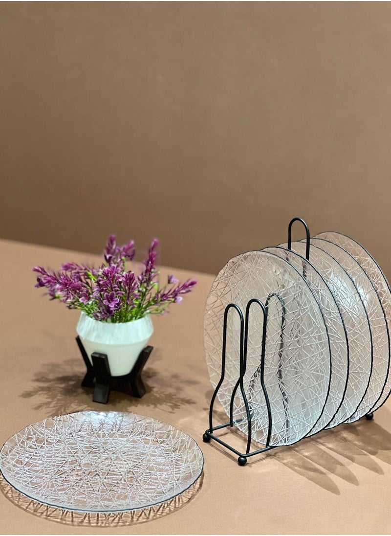 Generic Set of 6 luxurious and elegant glass dessert plates with a black metal stand 