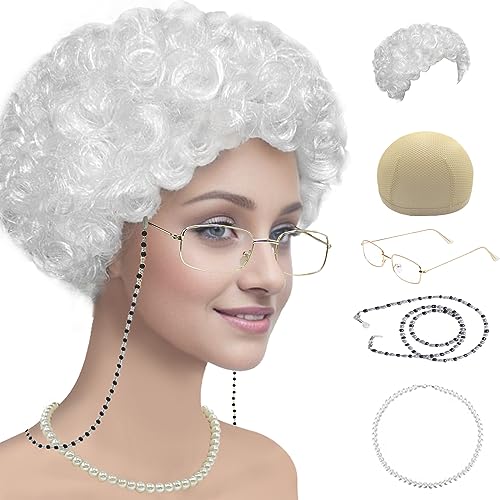 Cupohus Old Lady Costume Set Grandma Wig 100 Days of School Costume Madea Granny Glasses Eyeglass Chains Cords Faux Pearl Bead Necklace Old Lady Cosplay Set 5 Pieces (white afro) - Image 1