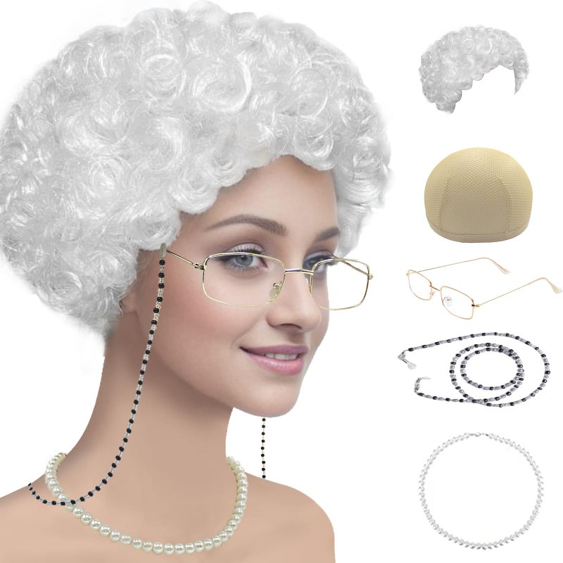 Cupohus Old Lady Costume Set Grandma Wig 100 Days of School Costume Madea Granny Glasses Eyeglass Chains Cords Faux Pearl Bead Necklace Old Lady Cosplay Set 5 Pieces (white afro) - Image 2