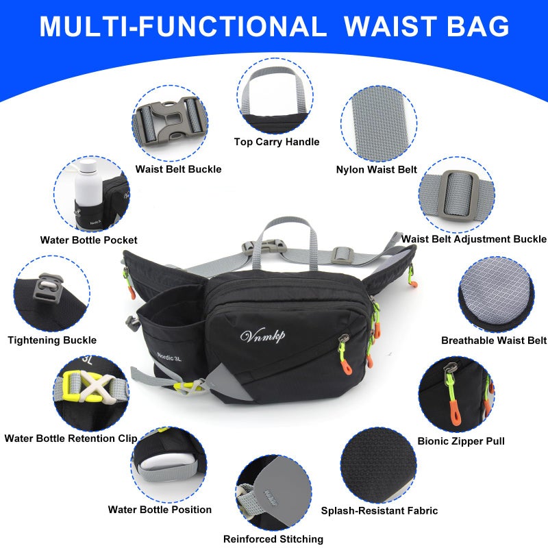 Vnmkp Waist Pack with Water Bottle Holder for Men and Women for Running Climbing Hiking Fitness Cycling and Other Outdoor Sports (Blueï¼‰ (Black) - Image 4