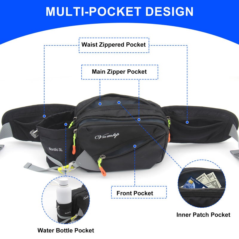 Vnmkp Waist Pack with Water Bottle Holder for Men and Women for Running Climbing Hiking Fitness Cycling and Other Outdoor Sports (Blueï¼‰ (Black) - Image 3
