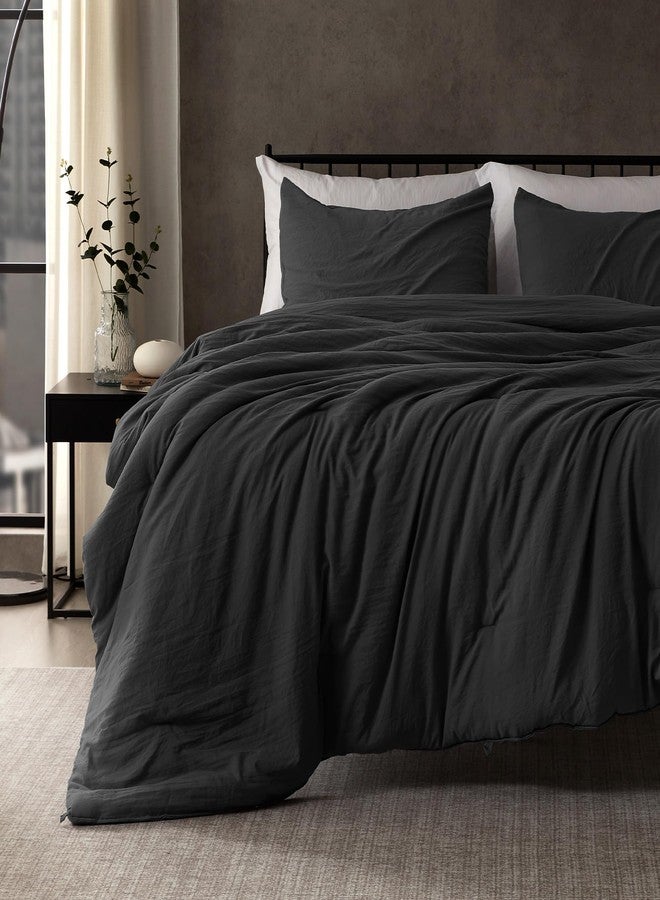 SLEEP ZONE King Size Comforter Set, Duvet Insert with Natural Wrinkle Texture, Cotton-Linen Feel, Lightweight and Breathable Fluffy Bedding Sets with 1 Comforter and 2 Pillow Shams (Washed Black) - Image 2