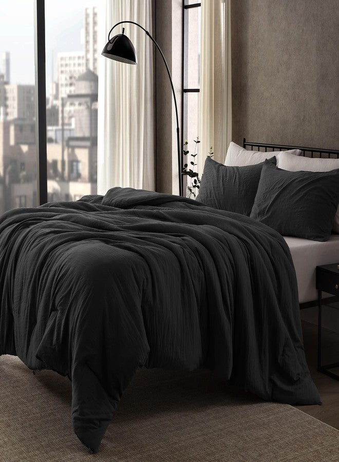 SLEEP ZONE King Size Comforter Set, Duvet Insert with Natural Wrinkle Texture, Cotton-Linen Feel, Lightweight and Breathable Fluffy Bedding Sets with 1 Comforter and 2 Pillow Shams (Washed Black) - Image 1