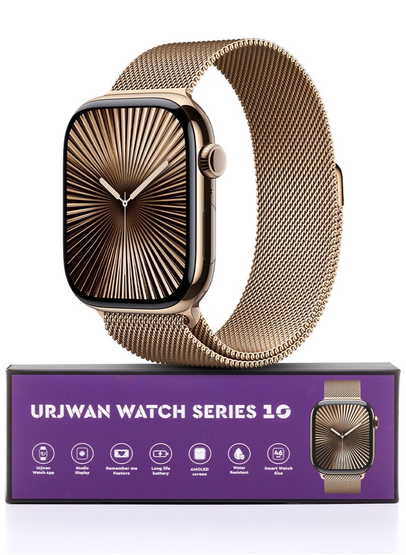 Urjwan Smartwatch Series 10 Gold 46mm: AMOLED Ultra-Clear Display, Photo Display Feature, Exclusive App, “Remember You” instance messaging, Slimmer Design with Reduced Bezels, New Colors with Extra Strap, Call & Notification Support. - Image 1
