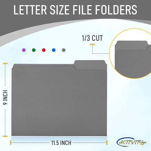 ACTIVITYYA Grey File Folders, 1/3-Cut Tabs, Letter Size, 12-Pack – Durable Office Filing Folders for Documents, Papers, and Organization - Image 2