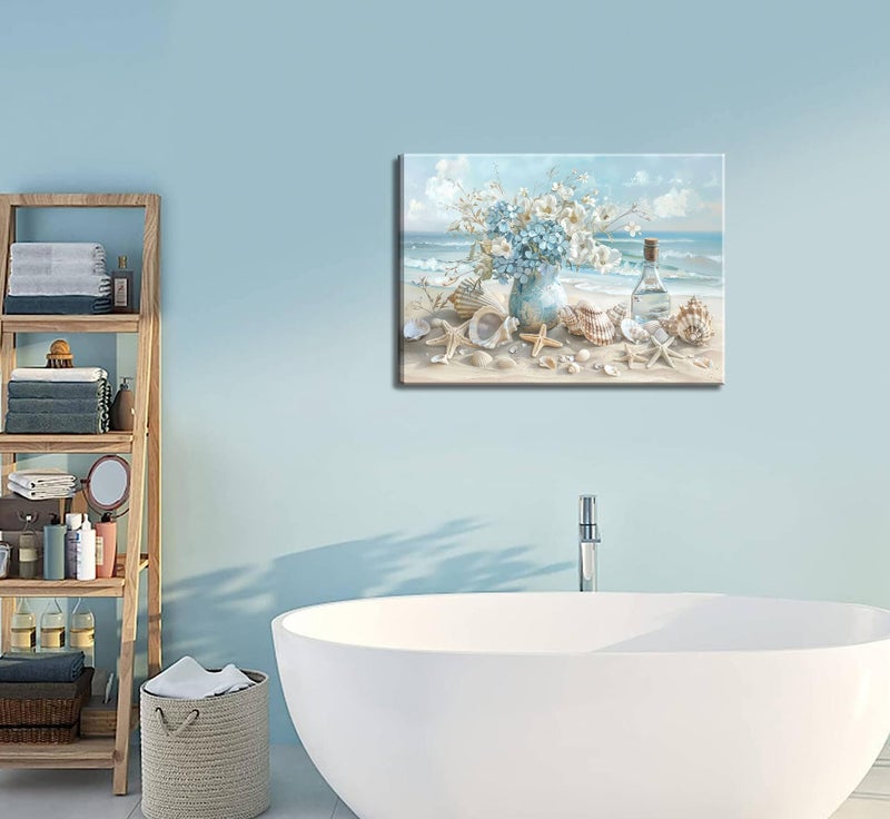 AKOTAC Blue Ocean Beach Bathroom Canvas Wall Art Seaside Seashell Painting Print Artwork Starfish with White Flower Coastal Picture Wall Decor for Living Room Bedroom Bathroom Decoration - Image 2