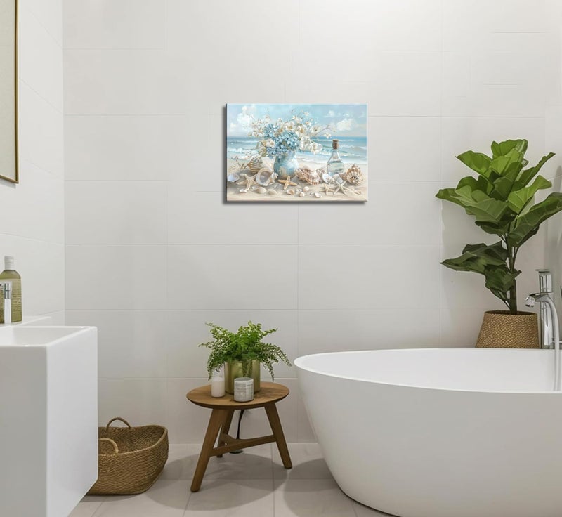AKOTAC Blue Ocean Beach Bathroom Canvas Wall Art Seaside Seashell Painting Print Artwork Starfish with White Flower Coastal Picture Wall Decor for Living Room Bedroom Bathroom Decoration - Image 5