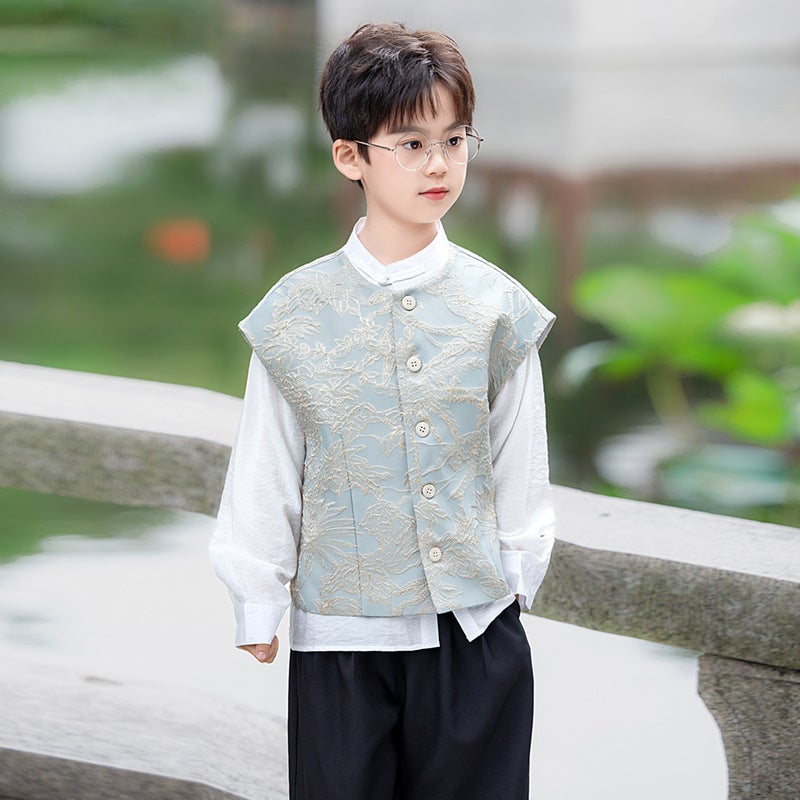 Boys' New Chinese-Style Hanfu Tang Suit Children'S National Style Embroidered Vest Set For Hosting And Runway Performances - Image 4