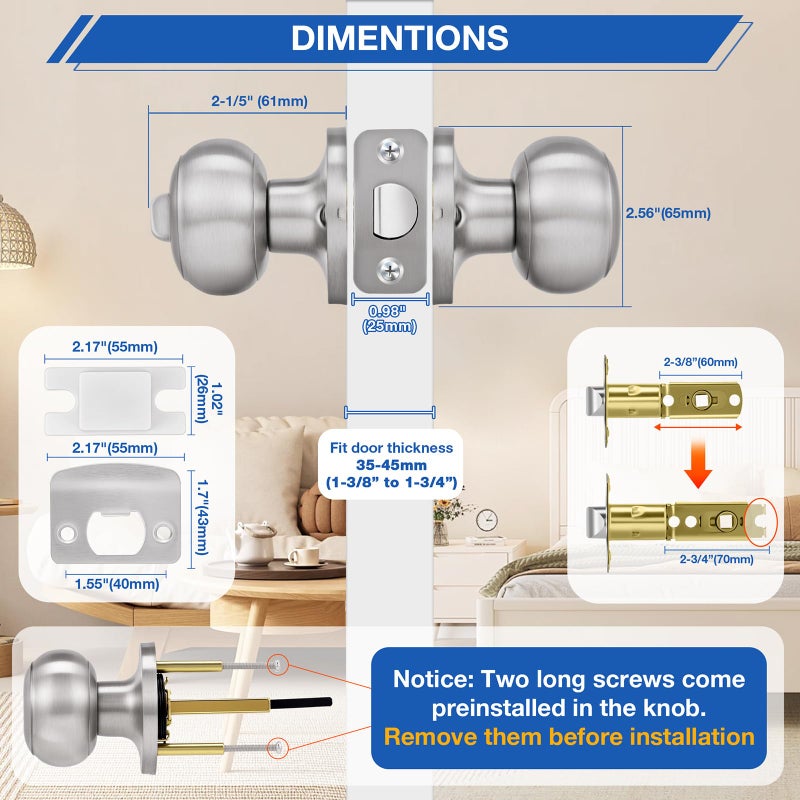 Plustool 10 Pack Brushed Nickel Door Knobs,Privacy Door Knob with Lock, Interior Doorknobs Silver, Keyless Door Locks Set for Bedrooms Bathrooms, Reversible for Left/Right Door Handle - Image 5