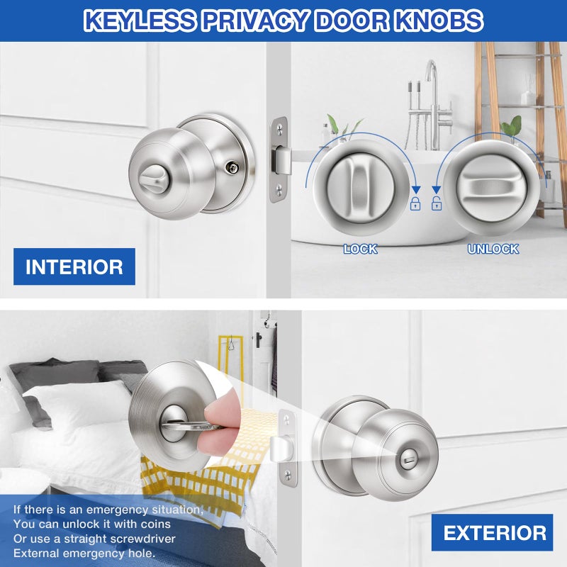 Plustool 10 Pack Brushed Nickel Door Knobs,Privacy Door Knob with Lock, Interior Doorknobs Silver, Keyless Door Locks Set for Bedrooms Bathrooms, Reversible for Left/Right Door Handle - Image 3