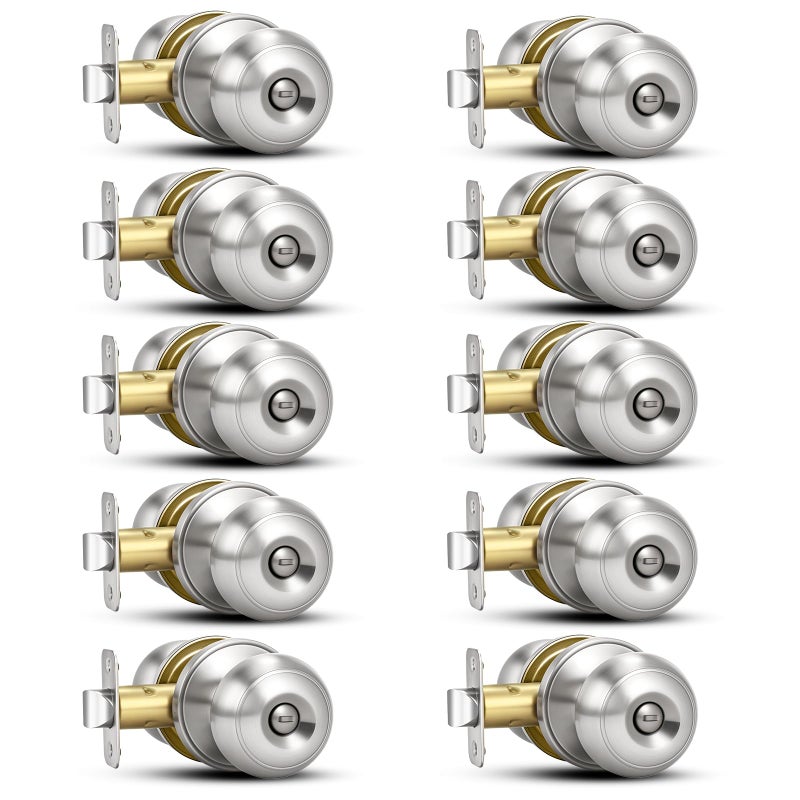 Plustool 10 Pack Brushed Nickel Door Knobs,Privacy Door Knob with Lock, Interior Doorknobs Silver, Keyless Door Locks Set for Bedrooms Bathrooms, Reversible for Left/Right Door Handle - Image 1