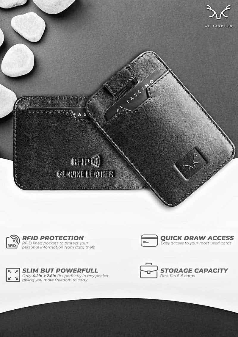 AL FASCINO Leather Credit Card Holder -Slim Minimalist Front Pocket RFID Blocking Leather Wallets for Men Women (Jet Black) - Image 2