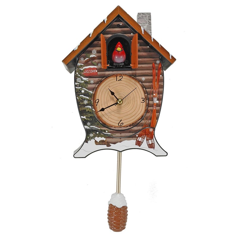 Mark Feldstein & Associates Mark Feldstein Snowy Cabin Singing Cardinal Tabletop Wall Sound Christmas Cuckoo Clock 14x10 - Image 1