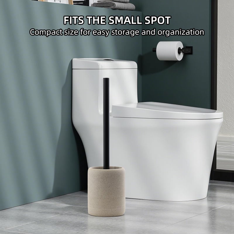 Haocoott Toilet Brush and Holder Set, 2 PCS Decorative Toilet Bowl Brush and Holder Set Bathroom Aceessories Toilet Scrubber Brush Set with Heavy-Weight Resin Base with Long Handle (Beige) - Image 2