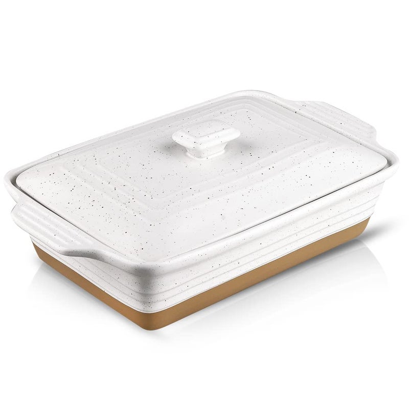 HVH Ceramic Casserole Dish with Lid  Oven Safe 9x13 Rectangular Baking Dish 35 Quart Farmhouse Style White