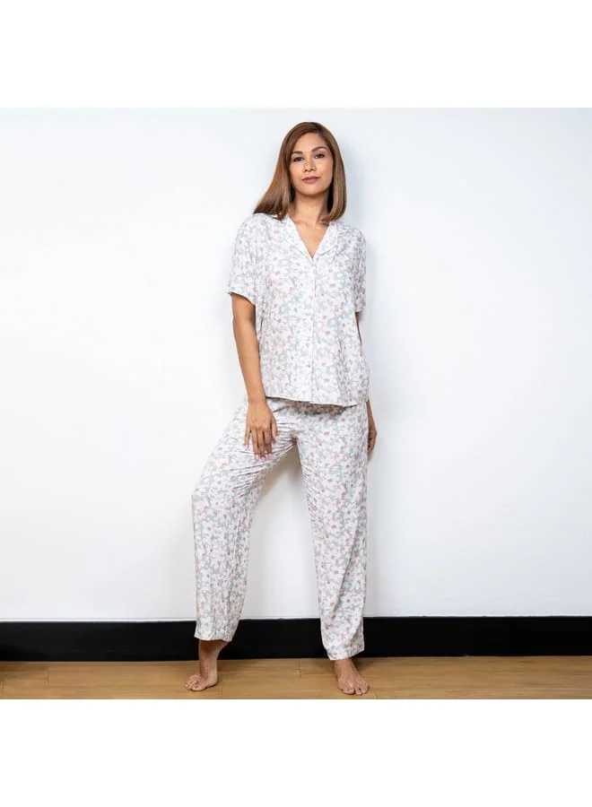 Aadaraya Aadaraya Floral Print Short Sleeve Shirt and Elasticated Pyjama Set