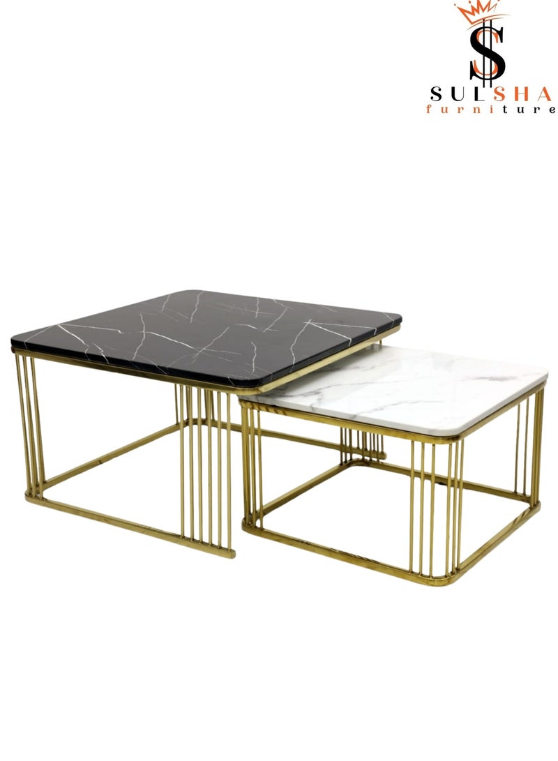 SULSHA Latest Design Modern Gold Metal Square Coffee Table White & Black Stone Top Metal Tea Table Living Room Luxury Marble Center Table - Image 1