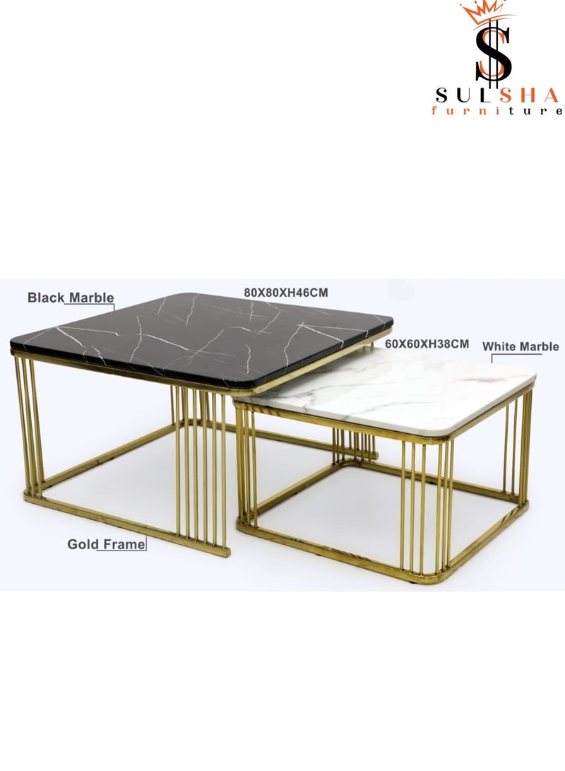 SULSHA Latest Design Modern Gold Metal Square Coffee Table White & Black Stone Top Metal Tea Table Living Room Luxury Marble Center Table - Image 2
