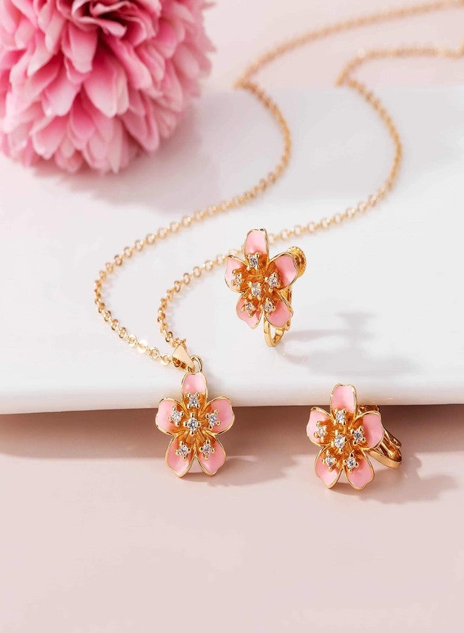EVEVIC Flower Pendant Necklace Clip On Earrings Set for Women 14K Gold Plated Hypoallergenic Cherry Blossom Floral Jewelry Sets (Pink) - Image 2