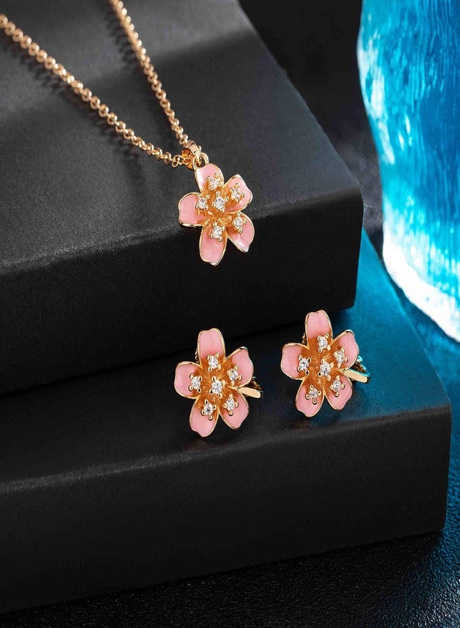 EVEVIC Flower Pendant Necklace Clip On Earrings Set for Women 14K Gold Plated Hypoallergenic Cherry Blossom Floral Jewelry Sets (Pink) - Image 4
