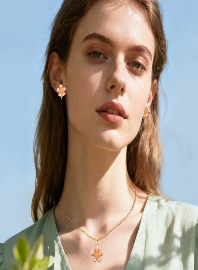 EVEVIC Flower Pendant Necklace Clip On Earrings Set for Women 14K Gold Plated Hypoallergenic Cherry Blossom Floral Jewelry Sets (Pink) - Image 3