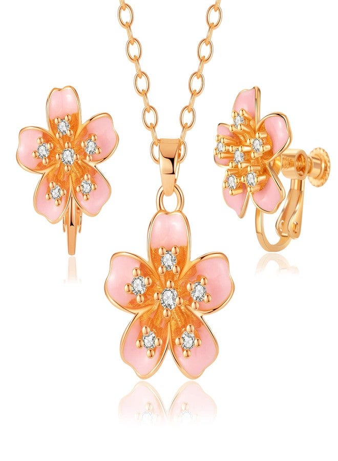 EVEVIC Flower Pendant Necklace Clip On Earrings Set for Women 14K Gold Plated Hypoallergenic Cherry Blossom Floral Jewelry Sets (Pink) - Image 1