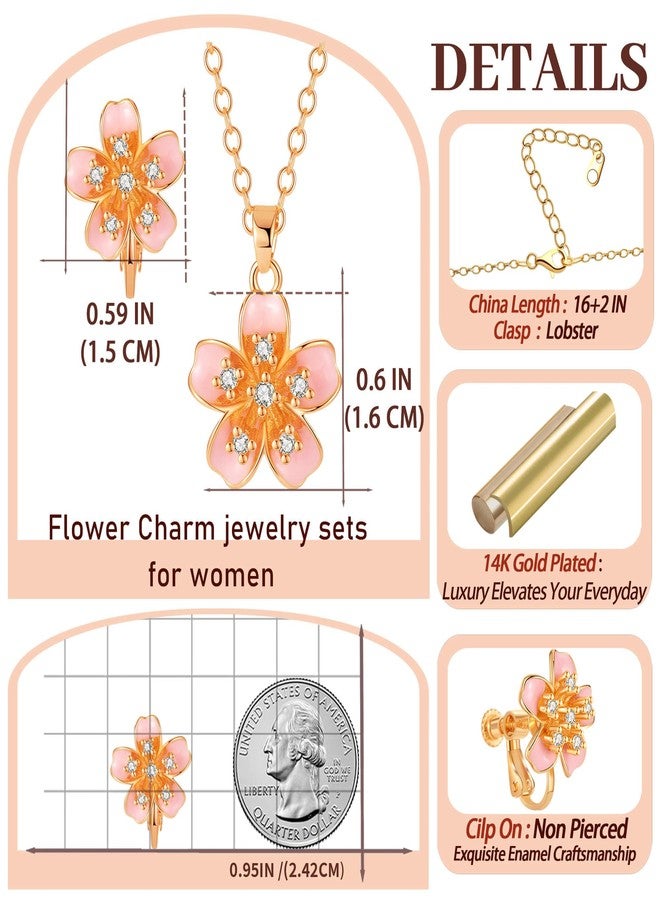 EVEVIC Flower Pendant Necklace Clip On Earrings Set for Women 14K Gold Plated Hypoallergenic Cherry Blossom Floral Jewelry Sets (Pink) - Image 5
