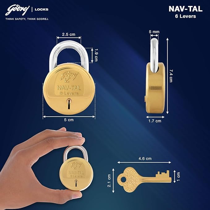 Godrej Locking Solutions and Systems Godrej Locks I Navtal 6 levers 65 mm I 3 Keys I Padlock for Main Door I Gate Lock I Tool Box Shutters Shops Offices I Brass Material Brass Finish 65 mm 5  - Image 3