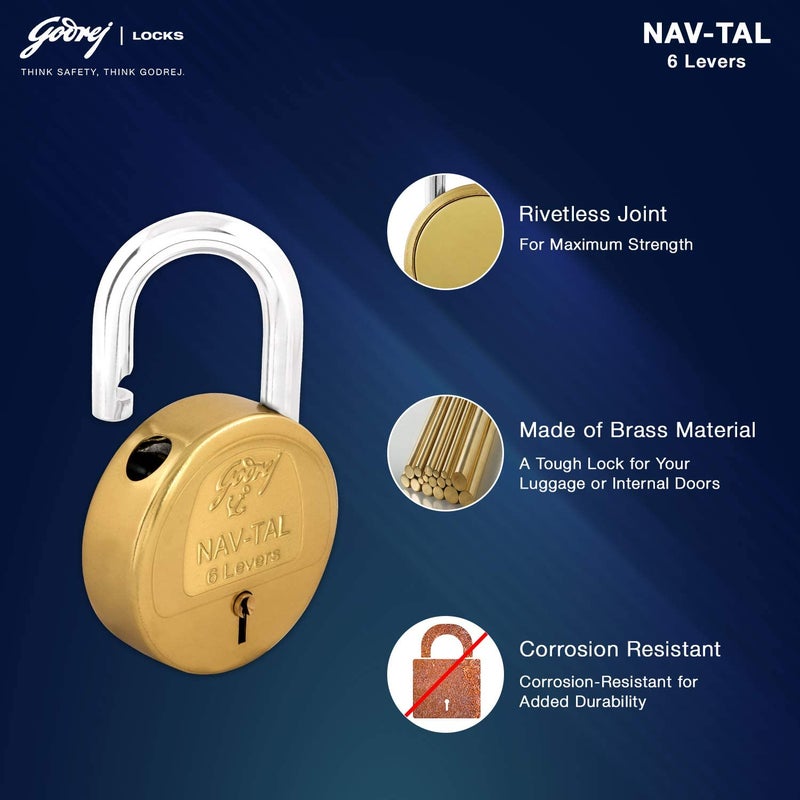 Godrej Locking Solutions and Systems Godrej Locks I Navtal 6 levers 65 mm I 3 Keys I Padlock for Main Door I Gate Lock I Tool Box Shutters Shops Offices I Brass Material Brass Finish 65 mm 5  - Image 4