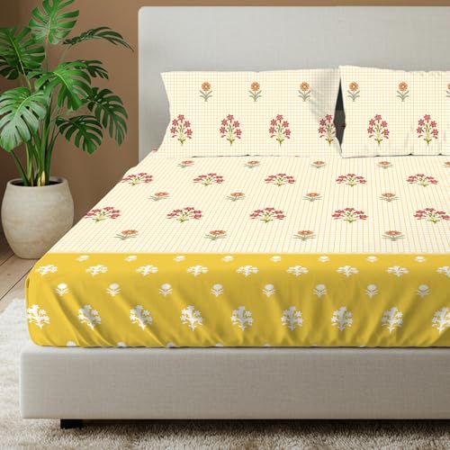 Urban Space 144 TC Divine 100% Cotton Bedsheet for King Bed, Cotton Bedsheet with 2 Pillow Covers (Size 108 x 108 inches, Magnolia Yellow, King Size) - Image 1