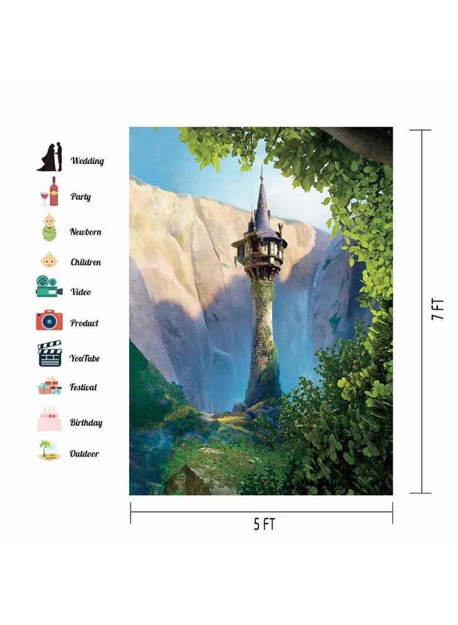 EOA 5(W) x7(H) FT Cartoon Princess Tower Backdrop Fairytale Story Rapunzel Photography Background Baby Shower Children Kids Birthday Party Events Cake Table Decoration Photoshot Props - Image 2