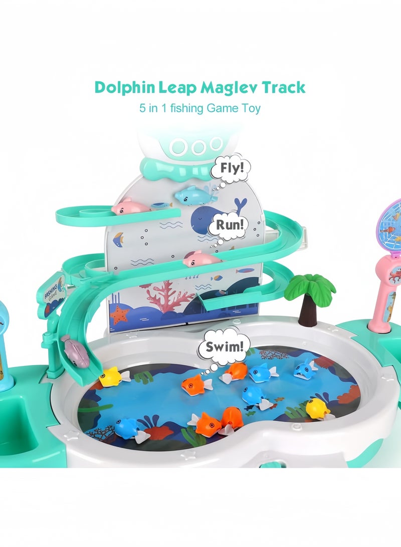 GGEROU Magnetic Baby Fishing Toy Set, 3 in 1 Fishing Game for Toddlers & Kids with Slideway & Music Story, 12 Fish, 6 Dolphins, 2 Toy Fishing Poles, Learning Educational Toys Sound Effect Toy, Green - Image 5