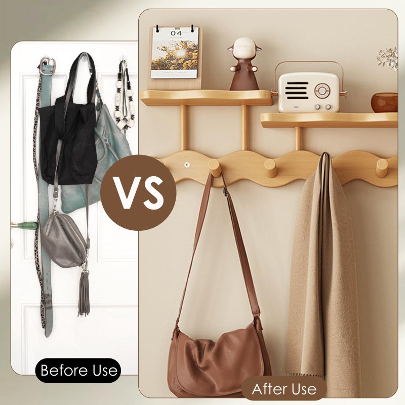 COVRA Wall-Mounted Coat Rack with Shelf, Wooden Coat Hanger with 6 Sturdy Hooks, Drill-Mounted Design for Hanging Clothes, Hats, Towels, Bags, and Robes (Brown) - Image 5