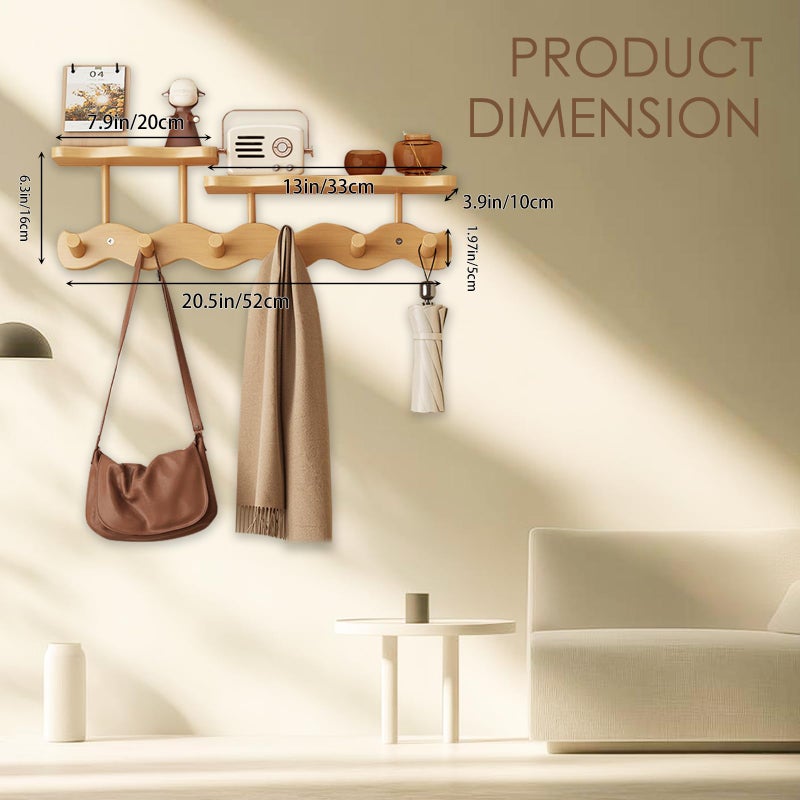 COVRA Wall-Mounted Coat Rack with Shelf, Wooden Coat Hanger with 6 Sturdy Hooks, Drill-Mounted Design for Hanging Clothes, Hats, Towels, Bags, and Robes (Brown) - Image 2